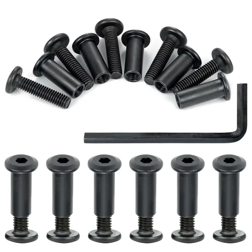 Vista 10 de Juego de 25 tornillos hexagonales negros y tuercas de barril M6x20mm, tornillos de fijación para muebles, pernos de conector de muebles, literas