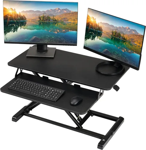 TechOrbits - Convertidor de escritorio de pie, regulable, para sentarse y pararse, aglomerado, monitor dual con bandeja para teclado, para laptop,