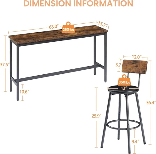 Vista 4 de Long Bar Table Set with 3 PU Upholstered Bar Stools, Bar Table and Chairs for Kitchen Breakfast Table, Living Room, Banquet Hall, Rustic Brown and