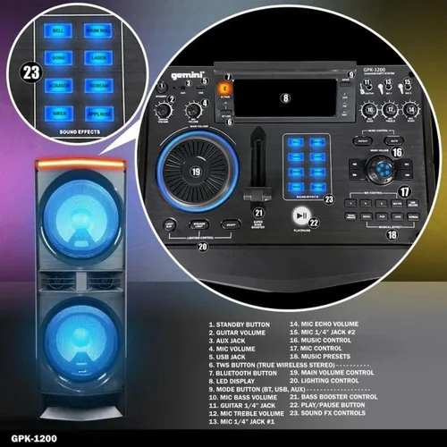 Vista 3 de Gemini - Sistema de altavoces Bluetooth para fiesta de karaoke de 6000 W de potencia máxima con woofers duales de 12 pulgadas, luces LED, micrófono