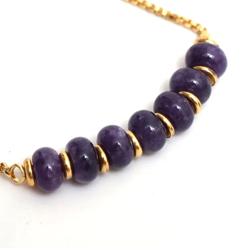 Vista 4 de Gempires - Pulsera de cuentas redondas naturales, chapada en oro amarillo de 14 quilates, joyería hecha a mano, pulseras ajustables para mujer