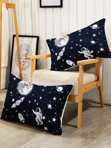 Vista 6 de Datura home Juego de edredón para niños, juego de ropa de cama con estampado de cohete espacial de astronauta con 1 edredón y 2 fundas de almohada
