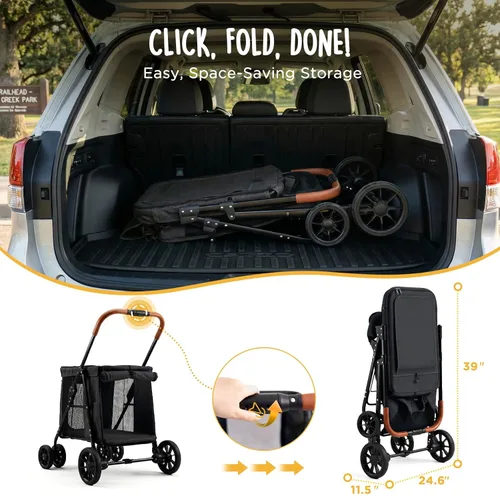 Vista 6 de CANINE CANYON Scout - Cochecito para mascotas, diseño de 4 ruedas para perros pequeños/medianos, plegable con un botón, ventanas y persianas