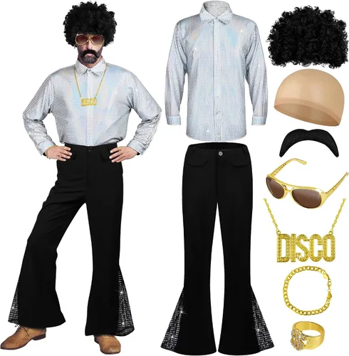 SOMSOC Juego de 9 piezas de disfraz de discoteca de los años 70 para hombre, camisas de lentejuelas de discoteca, pantalones, pelucas, collar,