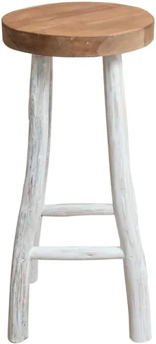 Vista 3 de Taburete de bar de madera maciza de teca, hecho a mano, marrón y blanco, 29.9 pulgadas de altura, diseño rústico, taburete de madera para cocina