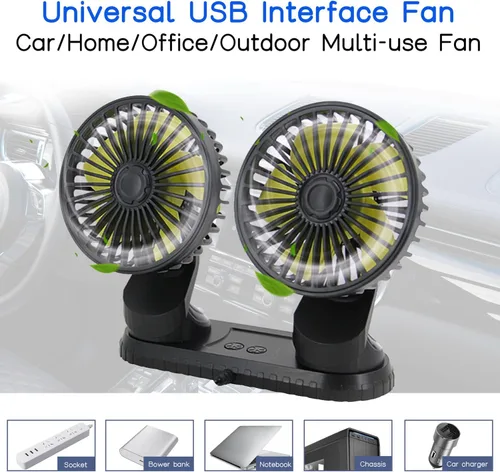 Vista 3 de Ventilador para coche, ventilador de doble cabezal ajustable de 360°, ventilador de refrigeración de auto eléctrico de 3 velocidades, ventiladores