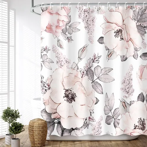 Vista 3 de LIVILAN Cortina de ducha con flores rosas y grises, cortinas de ducha florales de acuarela con ganchos, tela blanca y gris, decoración de baño