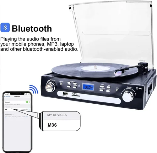 Vista 3 de DIGITNOW Tocadiscos Bluetooth con altavoces estéreo, tocadiscos para vinilo a MP3 con reproducción de cassette, radio AM/FM, control remoto