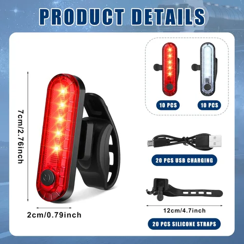 Vista 2 de Paquete de 20 luces traseras LED recargables por USB para bicicleta, impermeables, para luces traseras de bicicleta, 4 opciones de modo de luz, 20