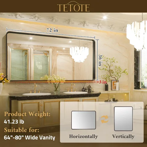 Vista 98 de TETOTE Espejo de marco dorado cepillado de 16 x 24 pulgadas, espejo de tocador de baño de latón dorado para pared, espejo enmarcado rectangular