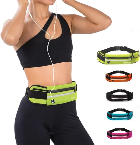 Vista 14 de Jueachy Cinturones de correr para mujeres, riñonera impermeable, bolsa de cintura para correr, soporte para teléfono, cinturón de dinero ajustable