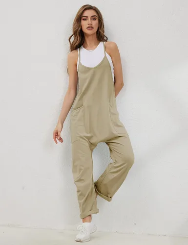Vista 3 de Lentta Overol casual para mujer, con cuello en V, sin mangas, con tirantes elásticos y ajustables, con bolsillos