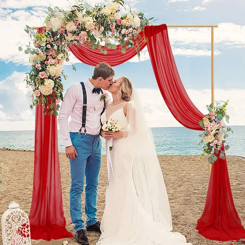 Vista 6 de MODFUNS Arco de boda rojo 18 pies, 2 paneles de cortinas de arco de boda, cortinas transparentes para telón de fondo, cortinas rojas de gasa