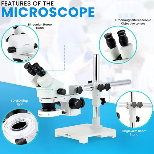 Vista 2 de AmScope SM-3BX-80S microscopio profesional binocular estéreo con zoom, ocular WH10x, aumento de 3,5X-45X, objetivo con zoom 0,7X-4,5X, anillo de 80