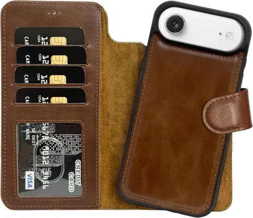 Vista 36 de HARDISTON Funda de piel auténtica de alta calidad hecha a mano para iPhone XR, tarjetero doble, funda magnética desmontable, función atril Marrón
