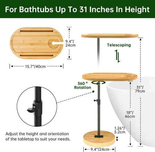 Vista 3 de NiHome Mesa giratoria de bambú para reposabrazos para sofá con base estable gruesa, mesa auxiliar de bandeja de TV de altura ajustable con rotación