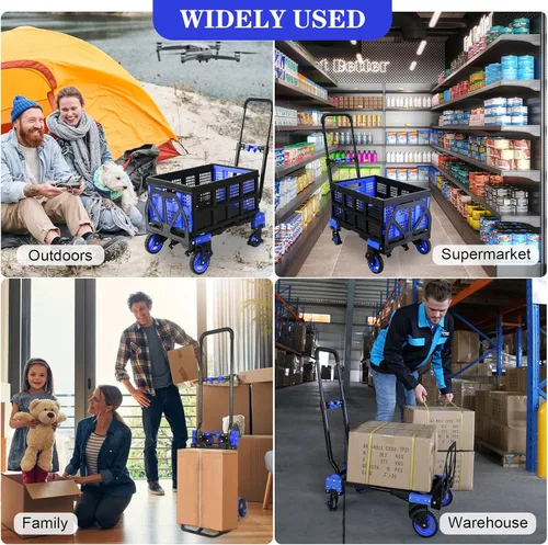 Vista 7 de Carro de mano plegable 2 en 1 con cesta plegable, carretilla de mano resistente, capacidad de 330 libras con mango telescópico y ruedas de goma