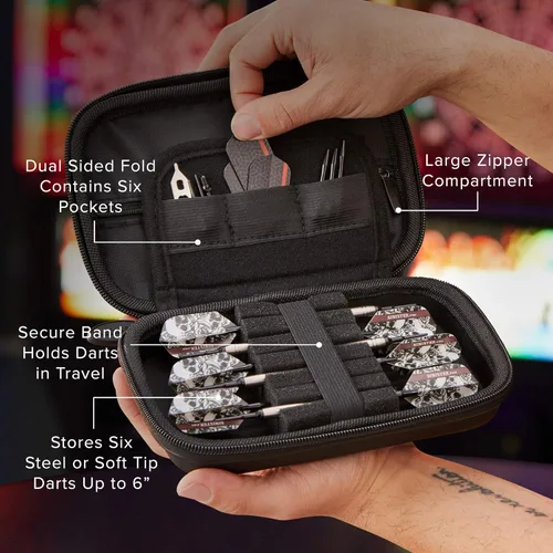 Vista 2 de Casemaster Sentinel - Estuche para 6 dardos con capacidad para accesorios adicionales, puntas, ejes y vuelos, compatible con dardos de acero y punta