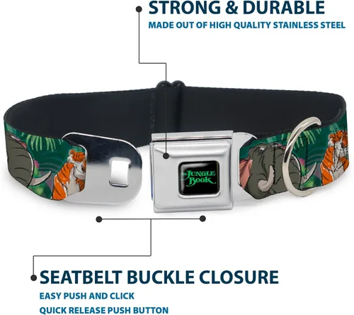 Vista 4 de Buckle-Down Collar de perro con hebilla de cinturón de seguridad The Jungle Book 8 Character Group Greens 9 a 15 pulgadas 1.0 pulgadas de ancho, 1