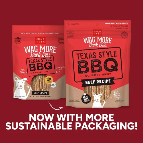 Vista 3 de Cloud Star Wag More Bark Less Jerky - Golosinas para perros sin granos, carne de barbacoa de Texas, bolsa de 10 onzas