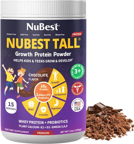 NuBest Alto polvo de proteína para niños y adolescentes - Proteína de suero en polvo - Batido de proteína de chocolate en polvo con probióticos,