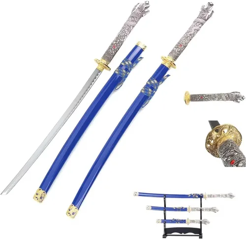 Vista 18 de Snake Eye Tactical Highlander Dragon Design Handle Samurai Katana - Juego de espada triple con soporte de espada