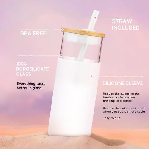 Vista 5 de Tronco Vaso de vidrio de 20 onzas con tapa y popote, taza de café helado y vaso para batido con tapas de bambú y funda protectora de silicona, apto