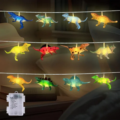 Vista 9 de Cadena de 12 luces LED de dinosaurios alimentadas por batería para dormitorio de niños, decoración de Navidad, fiesta de cumpleaños, Halloween