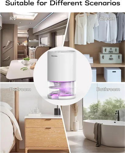 Vista 8 de Deshumidificador, deshumidificadores pequeños de 35 onzas para el hogar, baño, dormitorio, armario, ultra silencioso con modo de suspensión, 7 luces