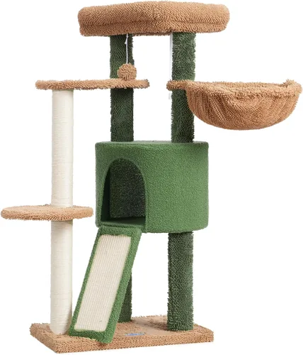 Hey-brother Árbol para gatos con tabla de rascar, torre para gatos con perca acolchada de felpa y cesta acogedora, multiplataforma para saltar,
