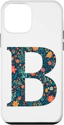 iPhone 12 mini monograma iniciales floral letra B bonito patrón flores caso
