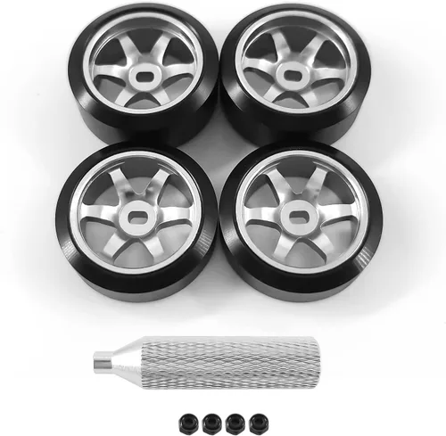 Vista 10 de Llantas de rueda de 6 radios y neumáticos de deriva de coche RC para 1/28 RC Hobby modelo, [2 estrechos+2 anchos] 4 llantas de aleación de aluminio