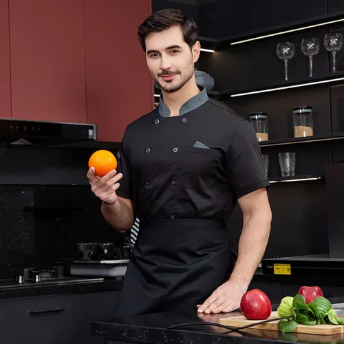 Vista 4 de Chaqueta de chef unisex de doble botonadura con espalda completa, ligera, con costuras de color, uniforme de chef