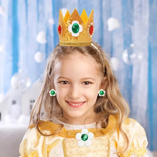 Vista 6 de ICECUTE Kit de 4 accesorios de corona de princesa, incluye corona, broche, aretes, guantes, accesorios de disfraz de princesa para niños y niñas
