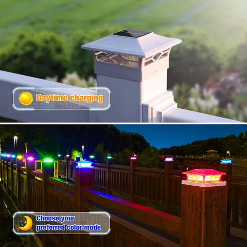 Vista 3 de VOLISUN Luz Solar para Poste Impermeable al Aire Libre: Cambio de Color RGB - Luces Intermitentes de Tapa Solar para Cerca 4 Unidades Blancas