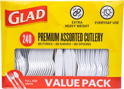 Vista 11 de Glad Juego de cubiertos desechables transparentes con tenedores, cuchillos y cucharas de plástico resistente, utensilios de plástico reutilizables
