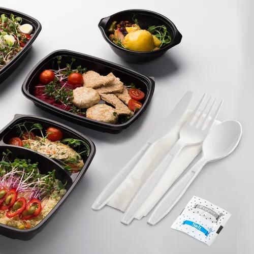 Vista 3 de Paquetes de cubiertos de plástico envueltos individualmente, incluye tenedor, cuchillo, cuchara, servilleta, sal y pimienta (blanco, 500)