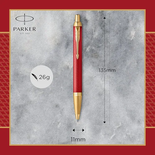 Vista 3 de PARKER IM - Bolígrafo Laca roja premium con ribete dorado Punta media con recarga de tinta azul Caja de regalo