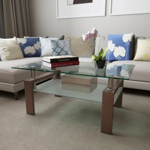 Vista 11 de Mesas de centro de cristal para sala de estar, mesa auxiliar rectangular moderna con estante de almacenamiento, patas de tubo de metal y vidrio