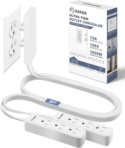 Vista 10 de Saker Cable de extensión doble de 5 pies plano con 6 tomas, 1625W Cable de extensión con cubierta de toma, enchufe plano, a prueba de bebés