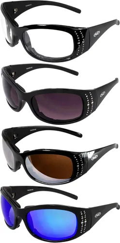 Vista 11 de Global Vision Marilyn 2 Plus - Gafas de motocicleta acolchadas para mujer, 4 pares con lentes transparente, ahumado, espejo de conducción y espejo