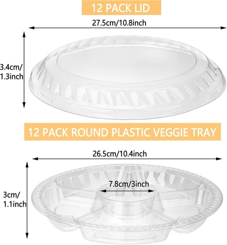 Vista 2 de Paquete de 12 bandejas redondas de plástico para verduras con tapa, bandeja de frutas, contenedor de 6 compartimentos divididos, bandeja para servir