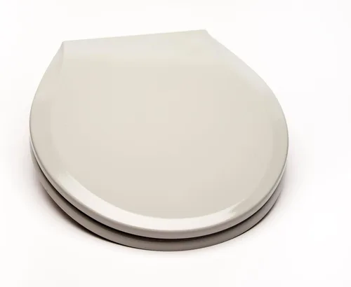 Vista 8 de 1Q1R6-00BN Asiento de inodoro de madera moldeada prémium con bisagra de metal de un solo poste, redondo, color blanco con níquel cepillado