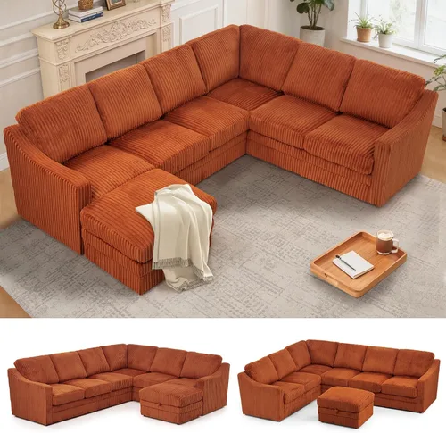 Sofá modular de pana de 115 pulgadas con otomana de almacenamiento Naranja