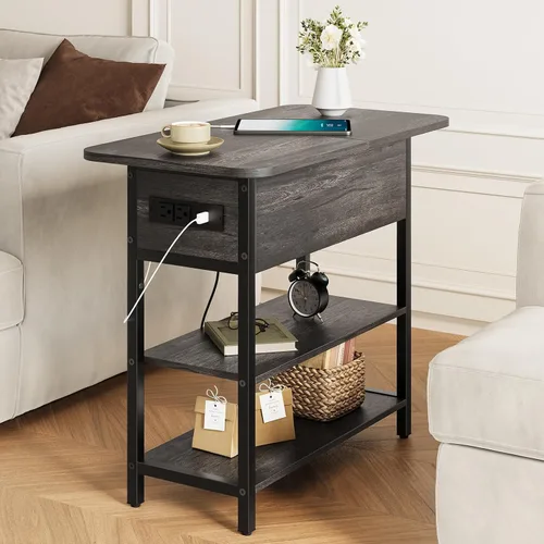 Vista 17 de Yoobure Mesa auxiliar con estación de carga, mesa auxiliar abatible con puertos USB y tomacorrientes, mesa de noche para sala de estar, dormitorio