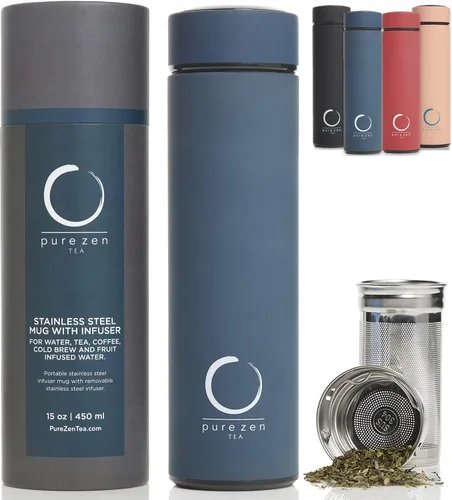 Vista 6 de Pure Zen Tea Botella de té de doble tapa de vidrio - Termo de té de acero inoxidable