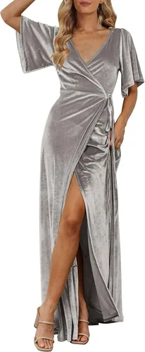 Vista 16 de MEROKEETY Vestido largo de terciopelo con cuello en V para mujer, invitada Negro