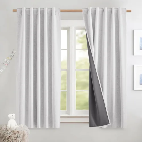 Vista 21 de NICETOWN Cortinas de lino 100% opacas para sala de estar con forro blanco aislado térmico, 52 pulgadas de ancho, 2 paneles, cortinas de 84 pulgadas
