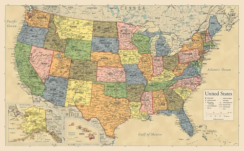 Vista 6 de Póster laminado de mapa de Estados Unidos, gráfico de pared de mapa de EE. UU., fabricado en los Estados Unidos [negro]