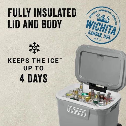 Vista 3 de Coleman Classic Series - Enfriador portátil aislado con ruedas, resistente a fugas, para exteriores, mantiene el hielo hasta 5 días Tapa dividida